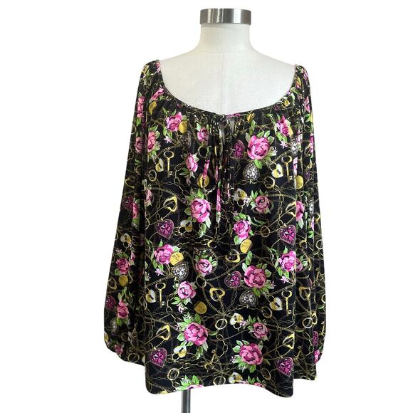 Betsey Johnson Floral Chain Print Blouson Top XL Pink Roses Boho Glam - Picture 1 of 10